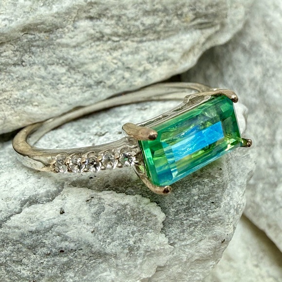 Jewelry - Peacock Quartz Emerald Cut Ring 1.4CTW Platinum Over 925 Sz 10